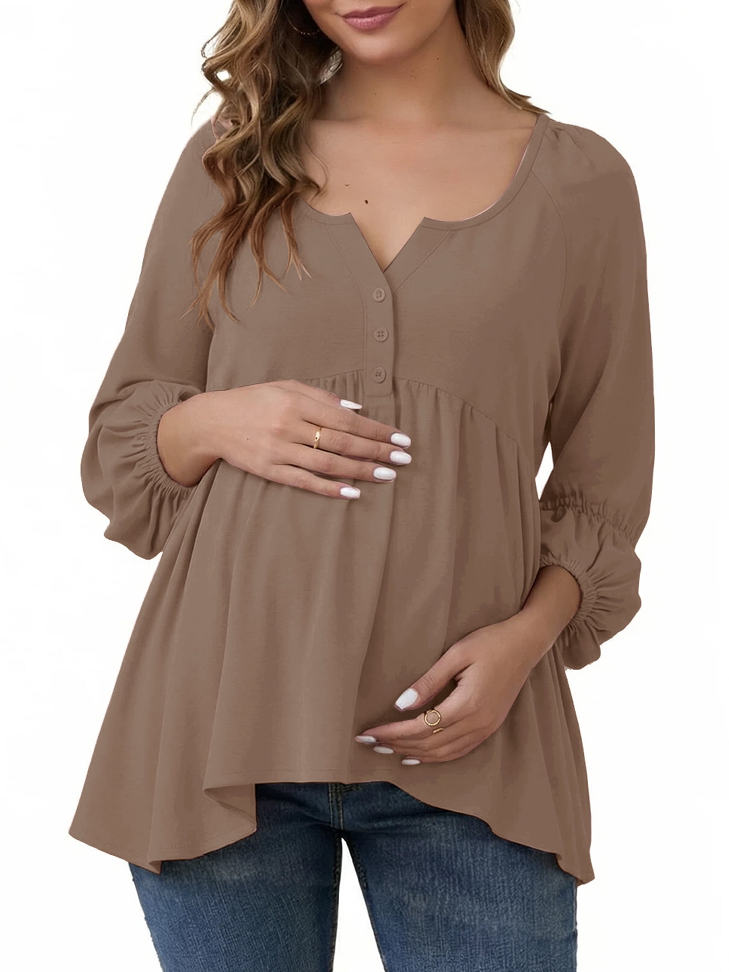 DARING DIVA Women's Maternity Empire Waist Babydoll Lantern Sleeve Blouse L Brown