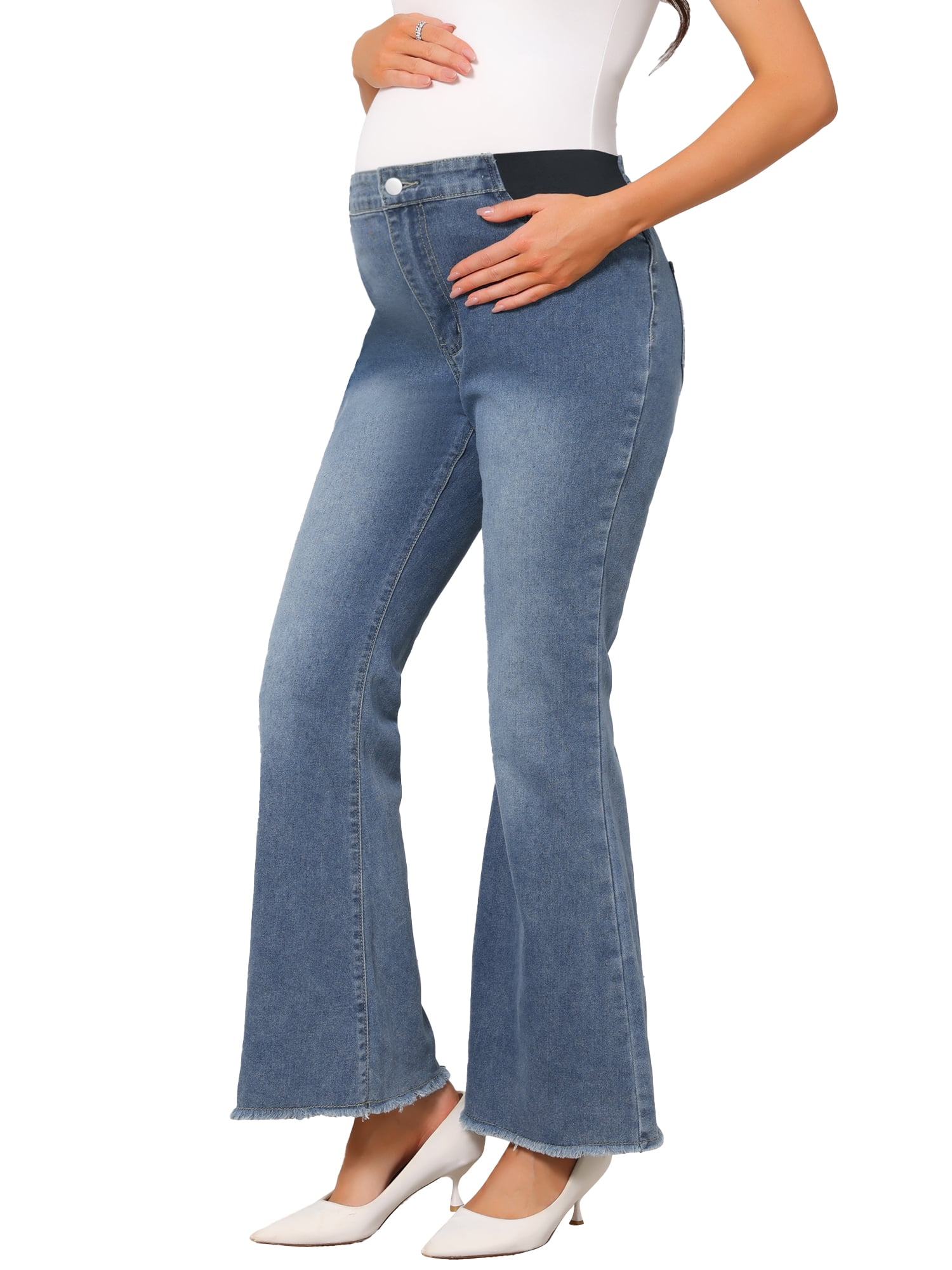 DARING DIVA Women's Maternity Flare Mid-Rise Stretchy Bootcut S Grey Blue