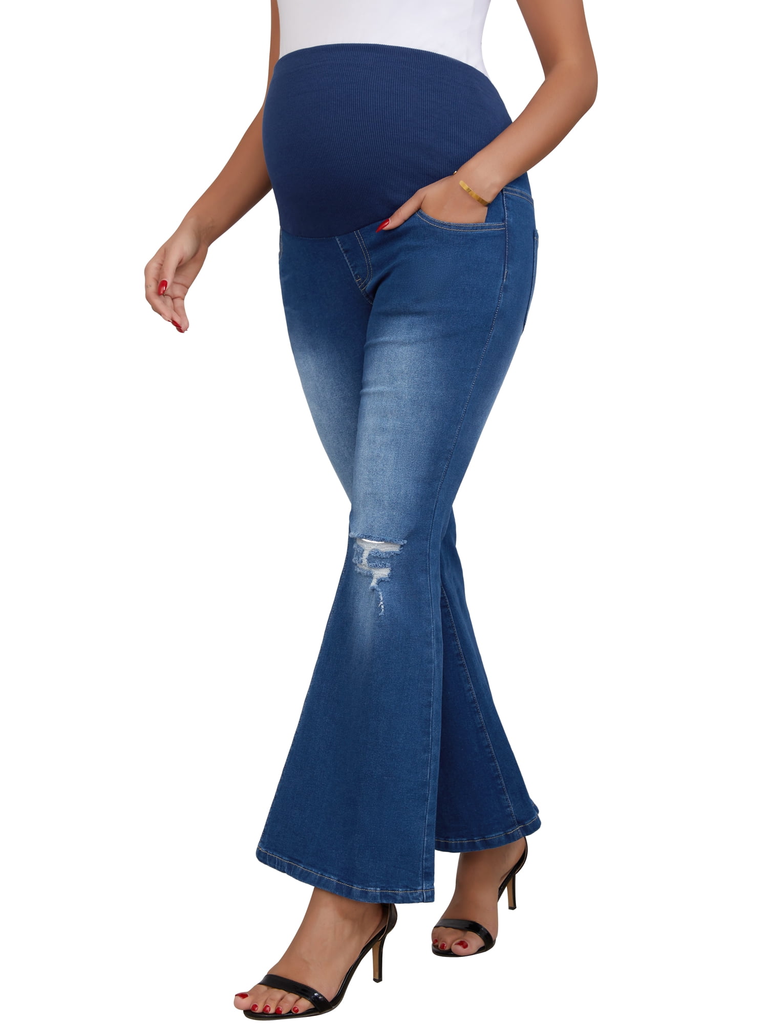 DARING DIVA Women's Maternity Flare Ripped High Stretchy Denim Jeans L Deep Blue