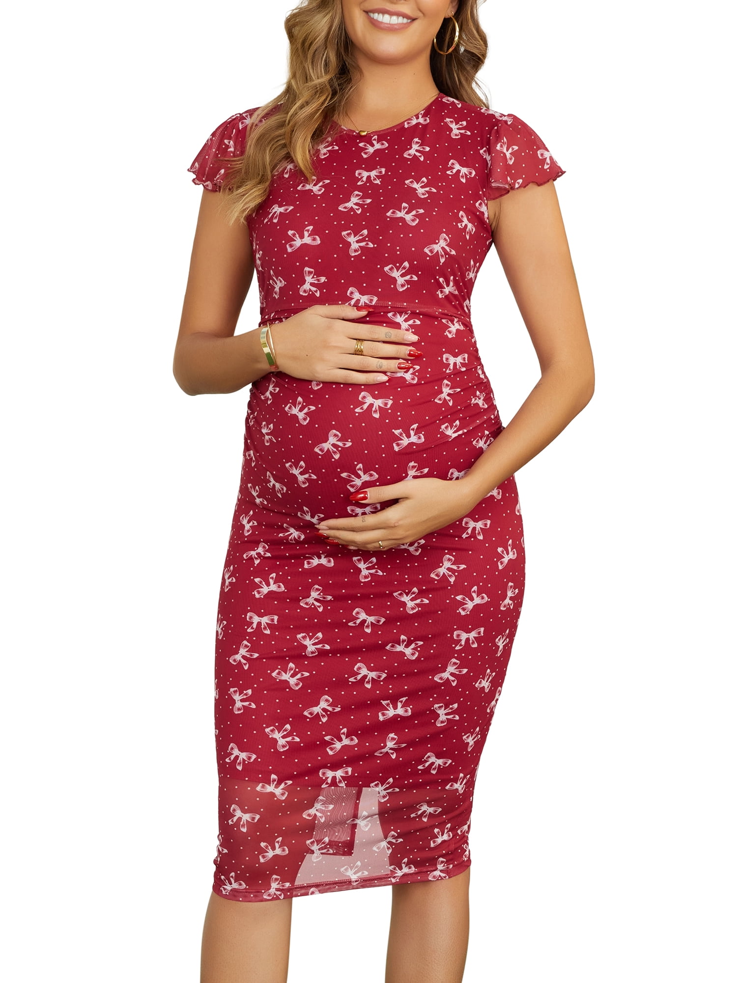DARING DIVA Women's Maternity Floral Bodycon Ruched Flutter Sleeve Dress M Dark Red Bow