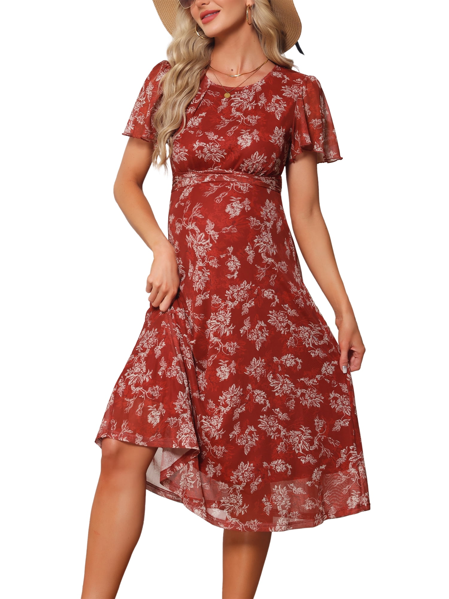 DARING DIVA Women's Maternity Flowy Pregnancy Dress 2XL Brown Dress & White Flower