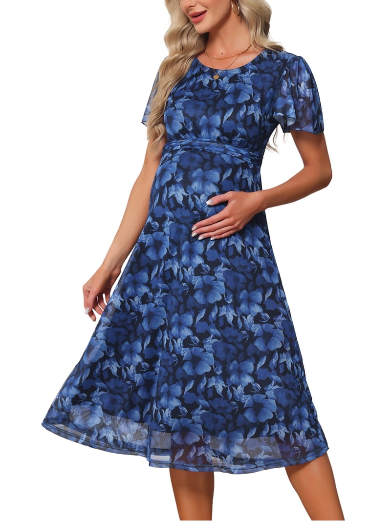 Daring Diva Women's Maternity Flowy Pregnancy Dress M Black Dress & Blue Flower, Size: Medium, Multicolor