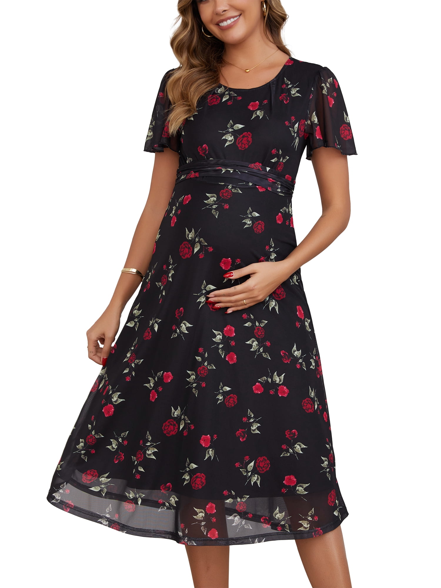 DARING DIVA Women's Maternity Flowy Pregnancy Dress M Black Dress & Red Rose