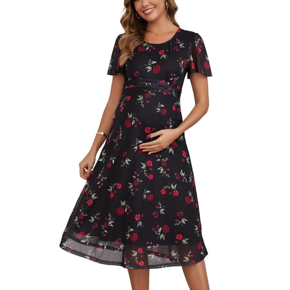 DARING DIVA Women's Maternity Flowy Pregnancy Dress M Black Dress & Red Rose