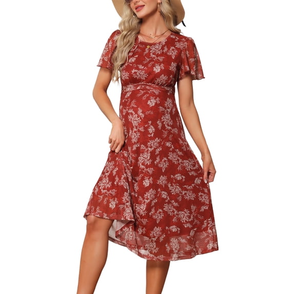 DARING DIVA Women's Maternity Flowy Pregnancy Dress M Brown Dress & White Flower