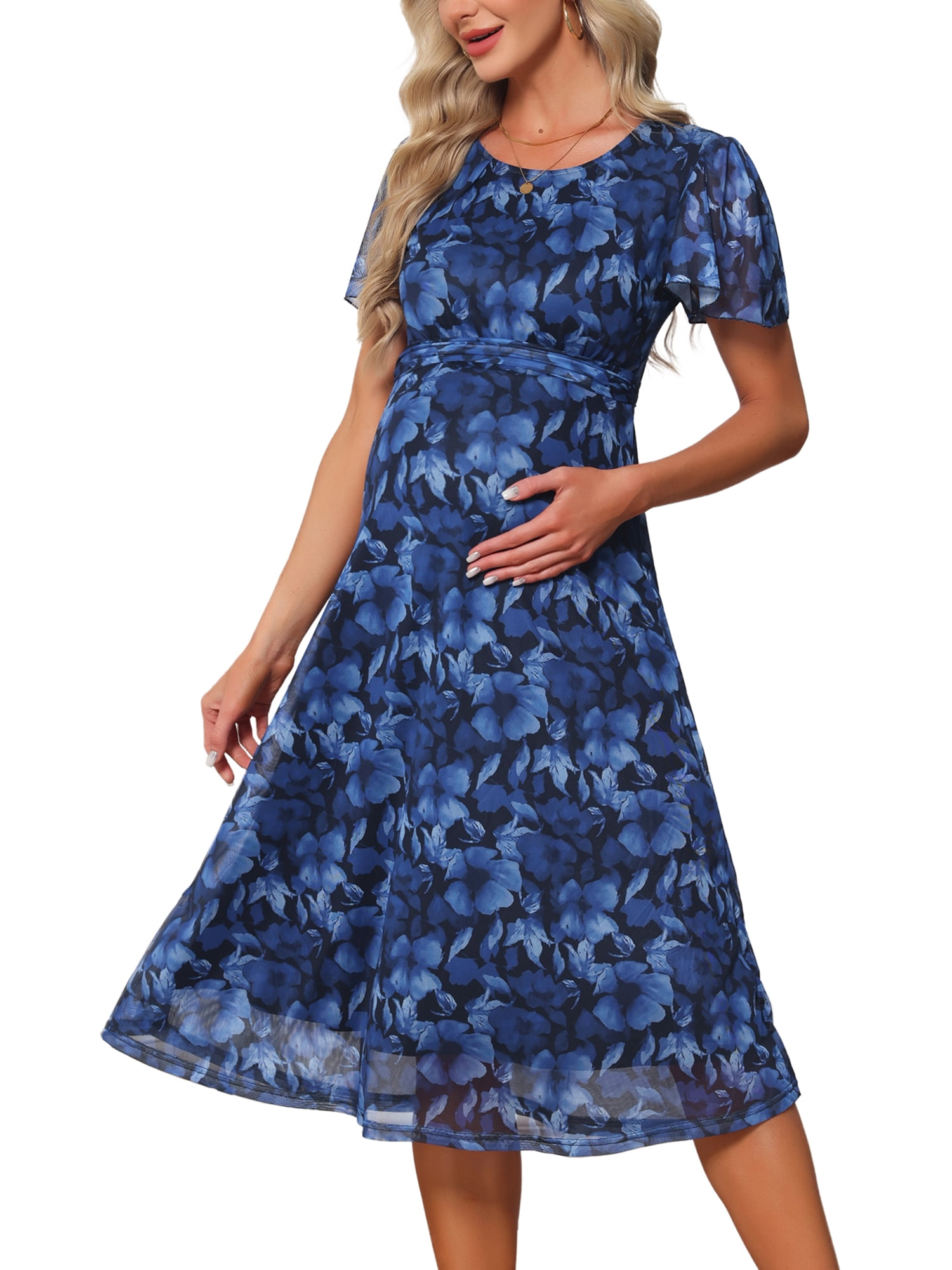 DARING DIVA Women's Maternity Flowy Pregnancy Dress S Black Dress & Blue Flower