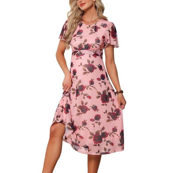 DARING DIVA Women's Maternity Flowy Pregnancy Dress S Pink Dress & Red Rose