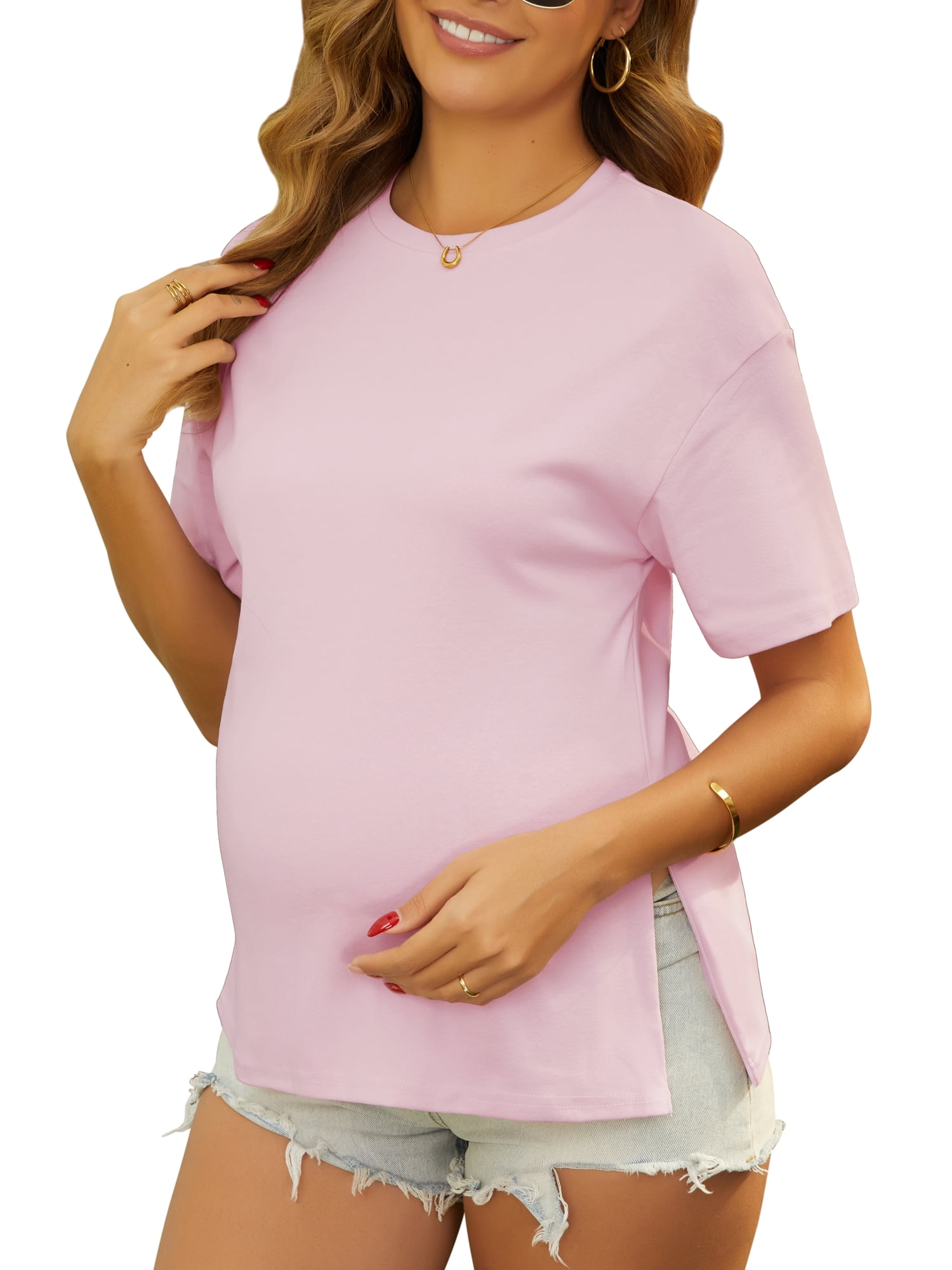 DARING DIVA Women's Maternity Hidden Zipper Cotton Short Sleeve Nursing Tops L Pink