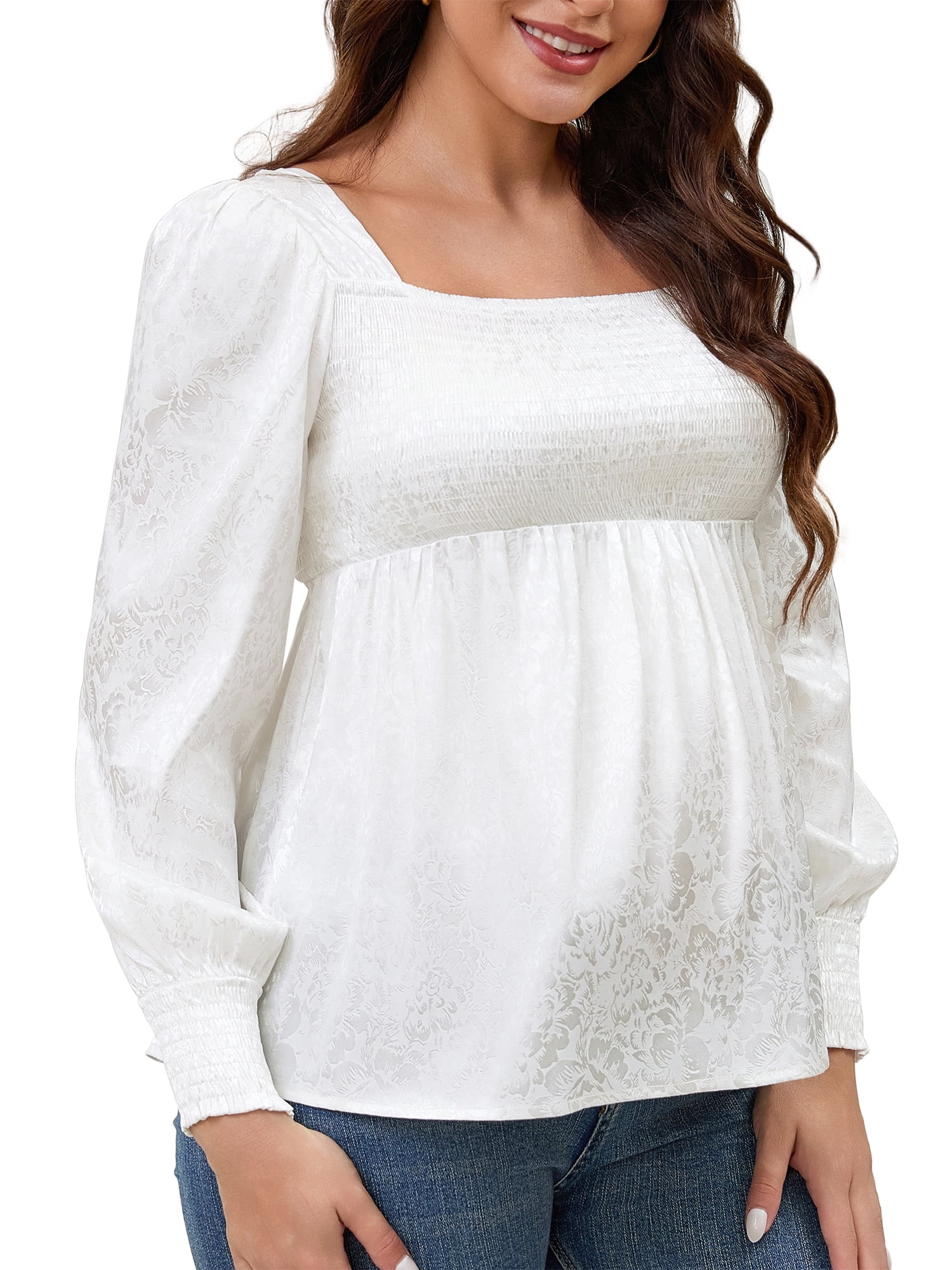 DARING DIVA Women's Maternity Jacquard Square Neck Lantern Sleeve Blouses L White