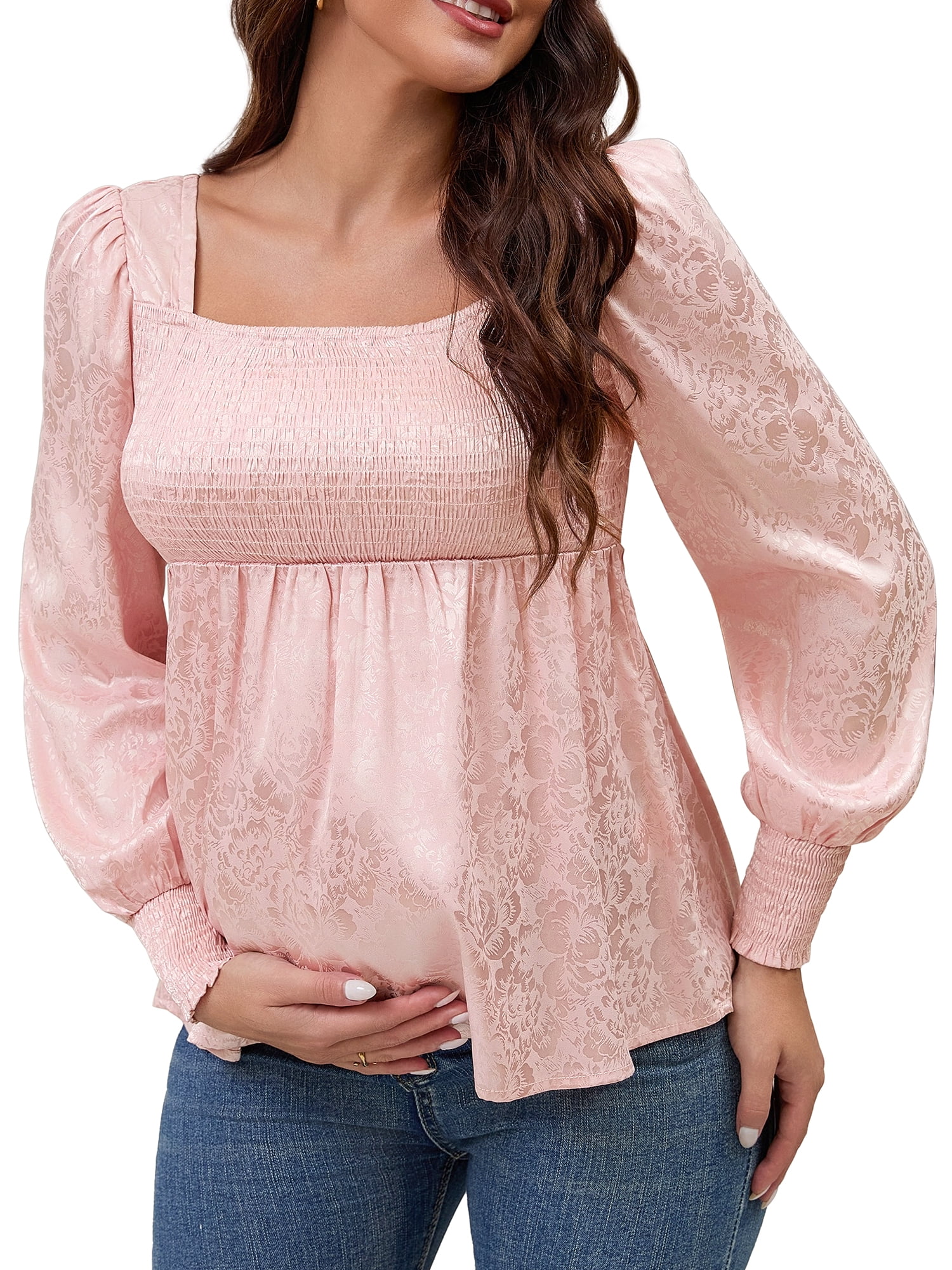 DARING DIVA Women's Maternity Jacquard Square Neck Lantern Sleeve Blouses S Pink
