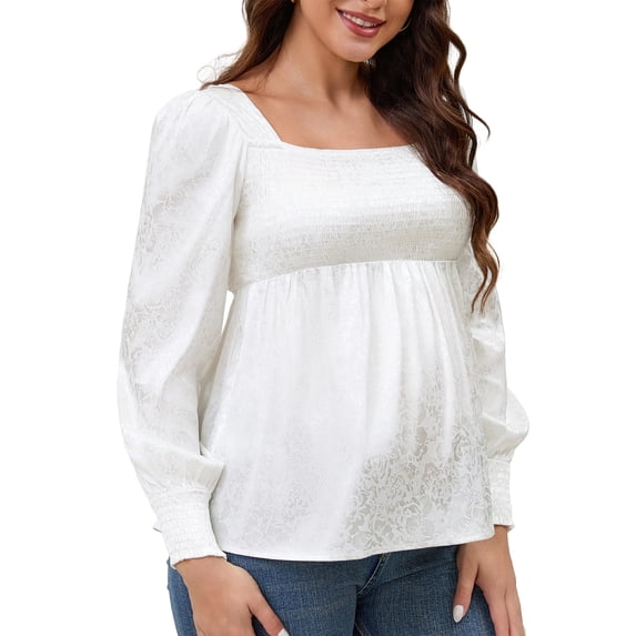DARING DIVA Women's Maternity Jacquard Square Neck Lantern Sleeve Blouses S White