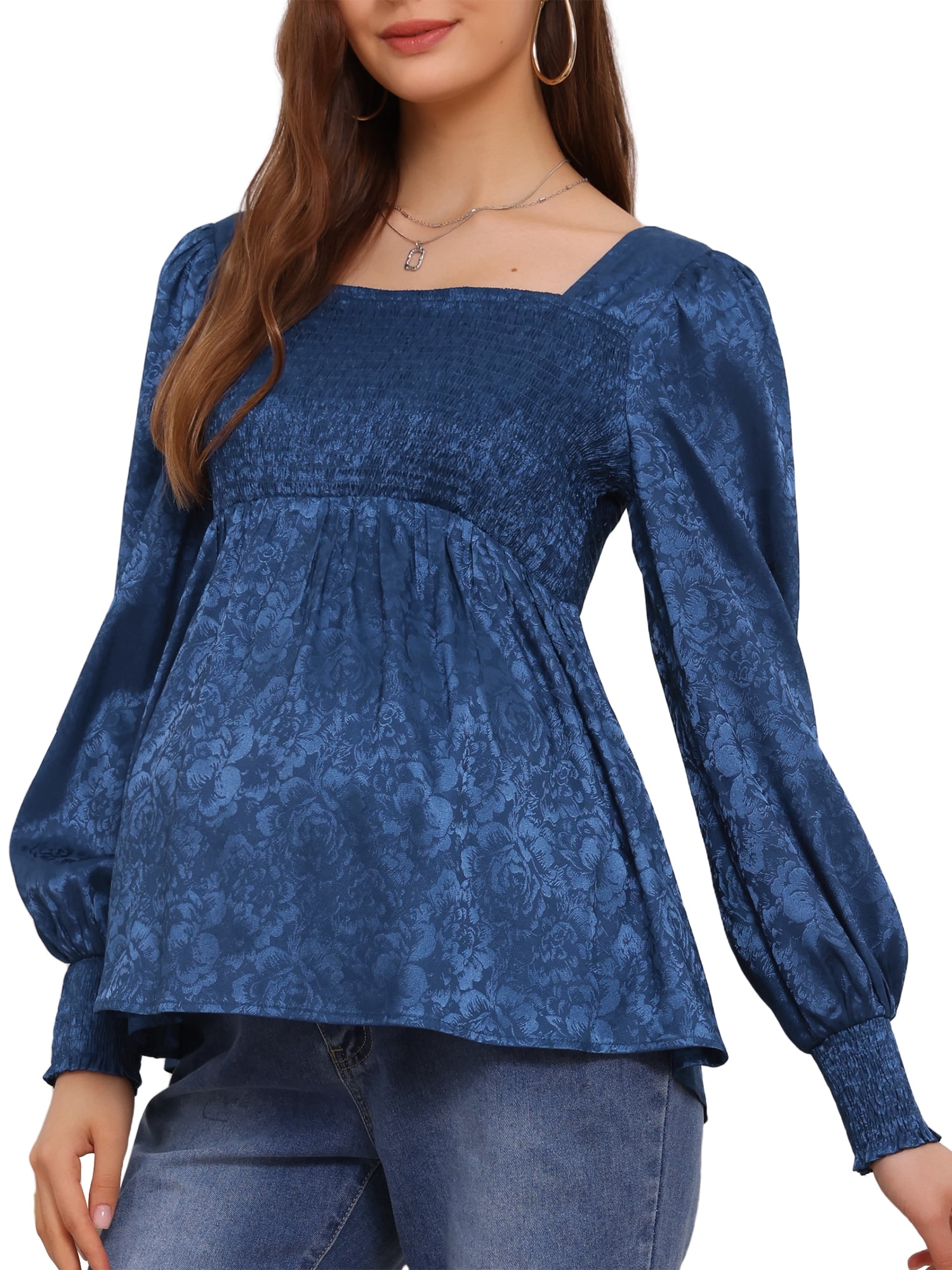 DARING DIVA Women's Maternity Jacquard Square Neck Lantern Sleeve Blouses XL Blue