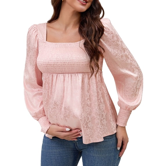 DARING DIVA Women's Maternity Jacquard Square Neck Lantern Sleeve Blouses XL Pink