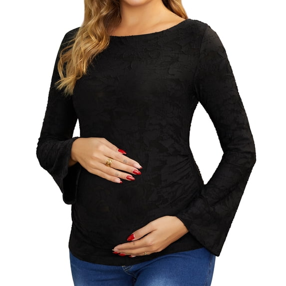 DARING DIVA Women's Maternity Lace Floral Bell Sleeve Semi-Sheer Blouses S Black