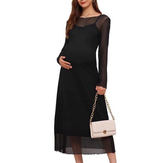 DARING DIVA Women's Maternity Mesh Dress 2-Piece Bodycon Fall Wedding Party L Black