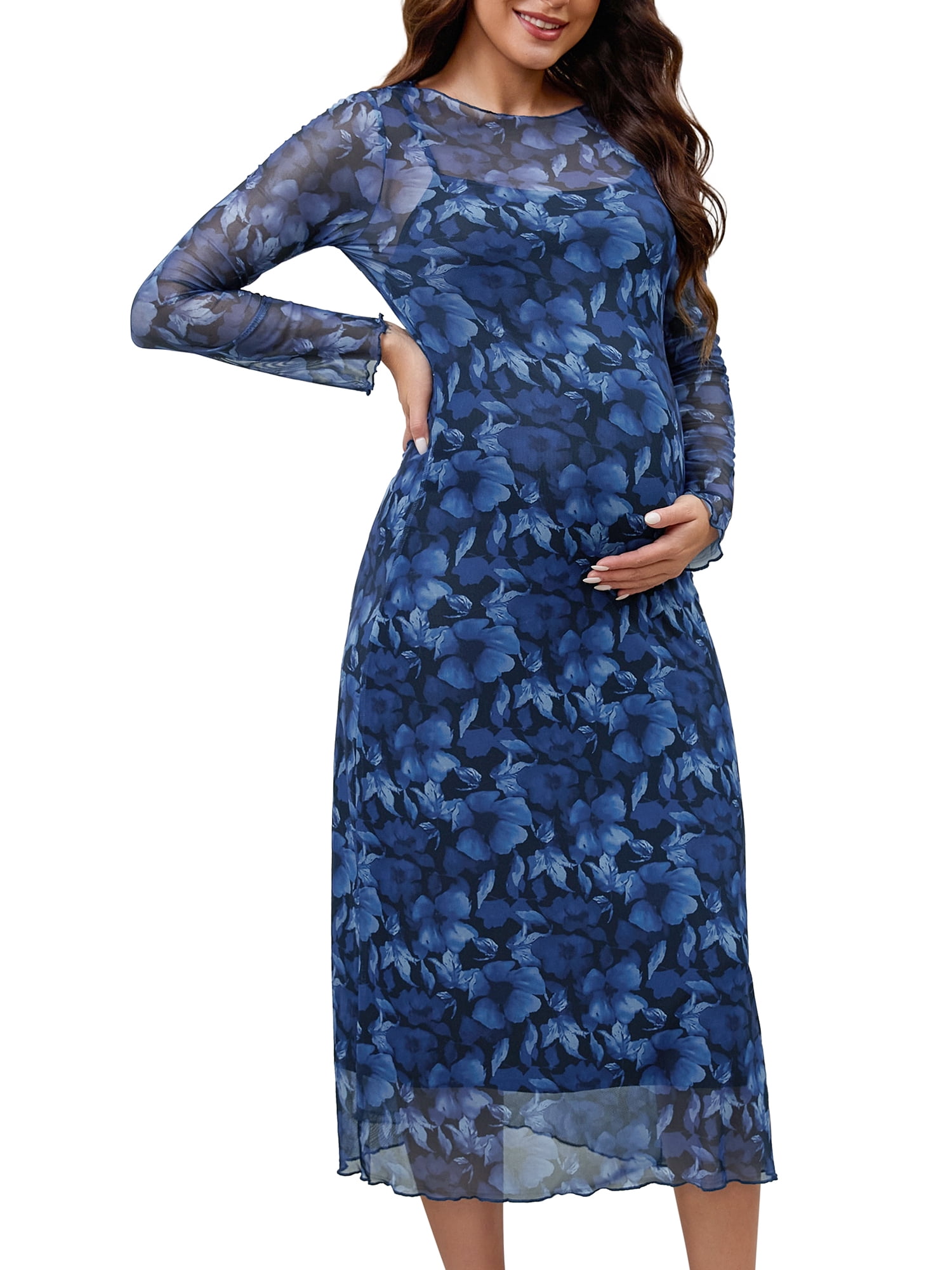 DARING DIVA Women's Maternity Mesh Dress 2-Piece Bodycon Fall Wedding Party S Blue