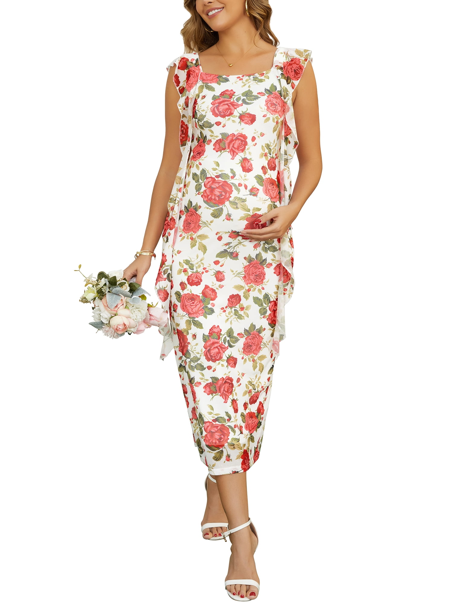DARING DIVA Women's Maternity Mesh Sleeveless Flowy Maxi Dress L White Rose