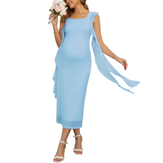 DARING DIVA Women's Maternity Mesh Sleeveless Flowy Maxi Dress M Blue
