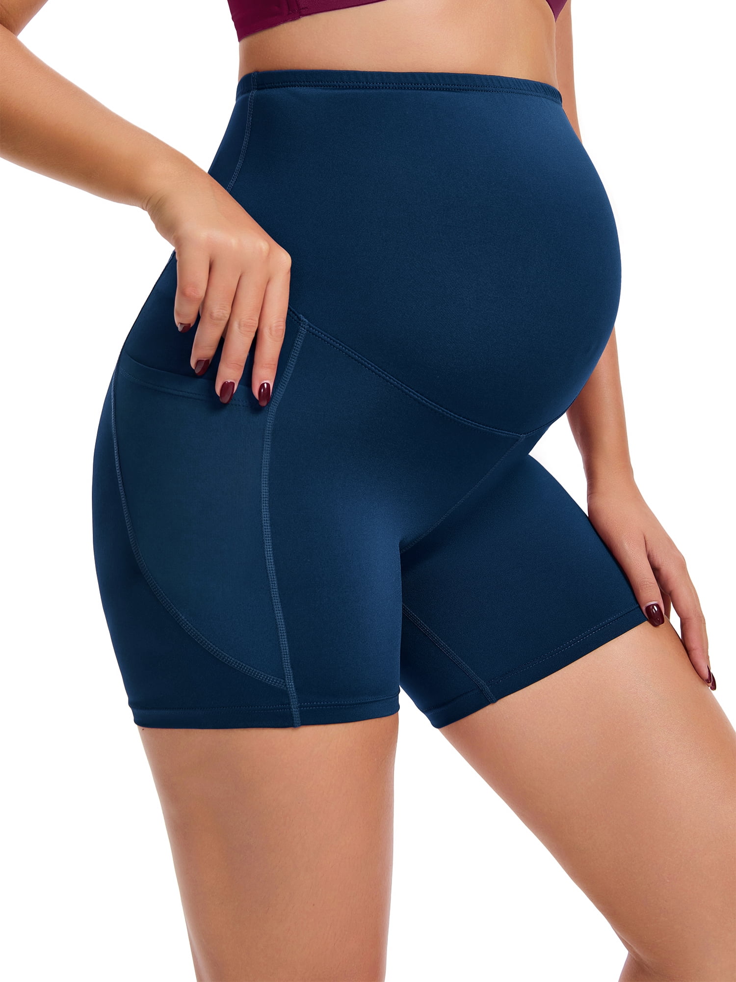 DARING DIVA Women's Maternity Mid Thigh Belly Support High Waist Shorts M Blue
