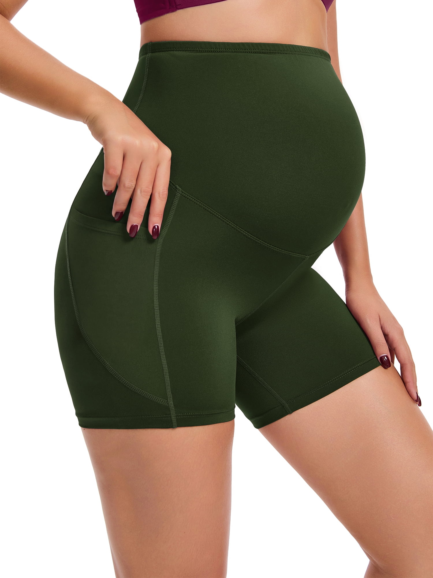 DARING DIVA Women's Maternity Mid Thigh Belly Support High Waist Shorts M Green