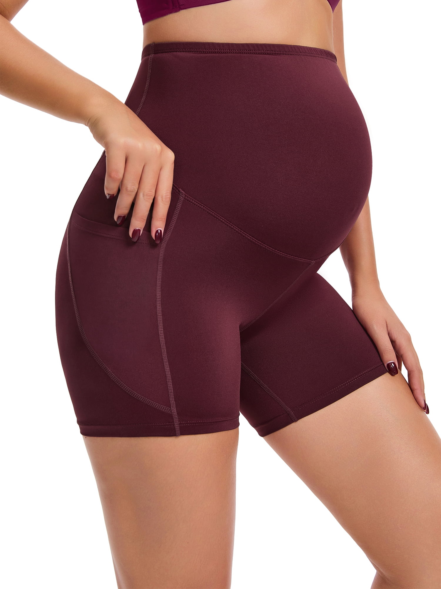 DARING DIVA Women's Maternity Mid Thigh Belly Support High Waist Shorts S Red