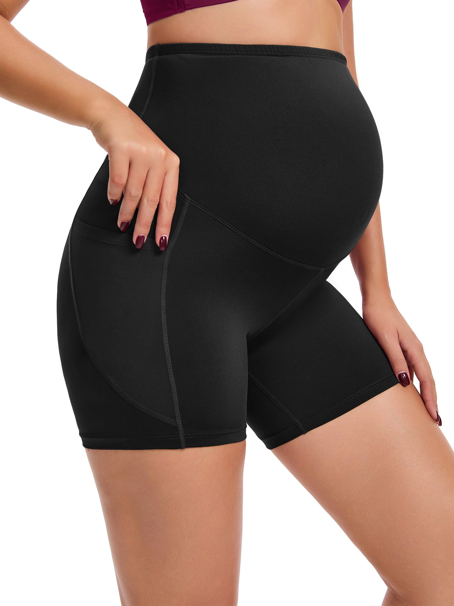 DARING DIVA Women's Maternity Mid Thigh Belly Support High Waist Shorts XL Black
