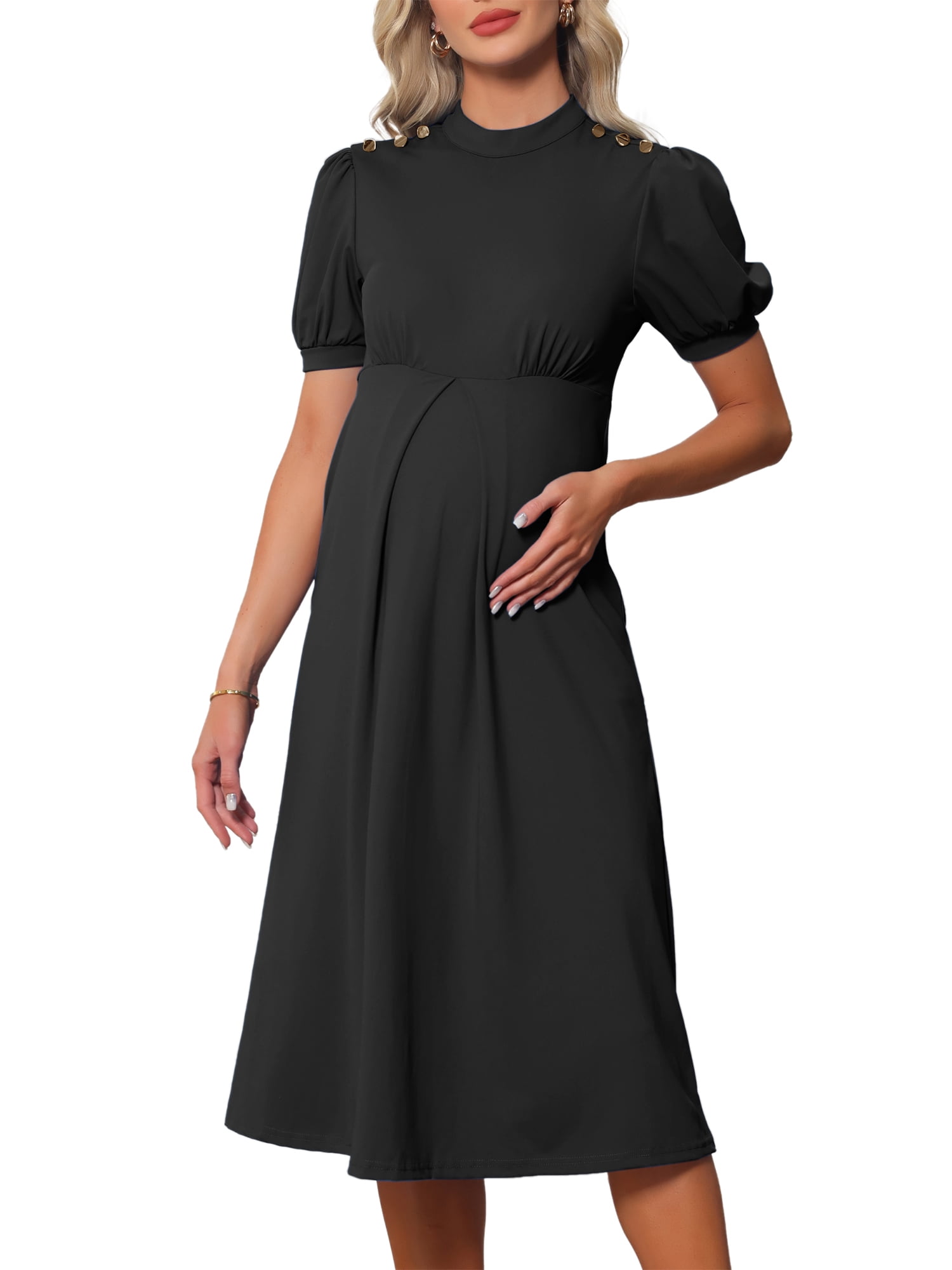 DARING DIVA Women's Maternity Mock Neck Puff Sleeve A-Line Work Dress M Black