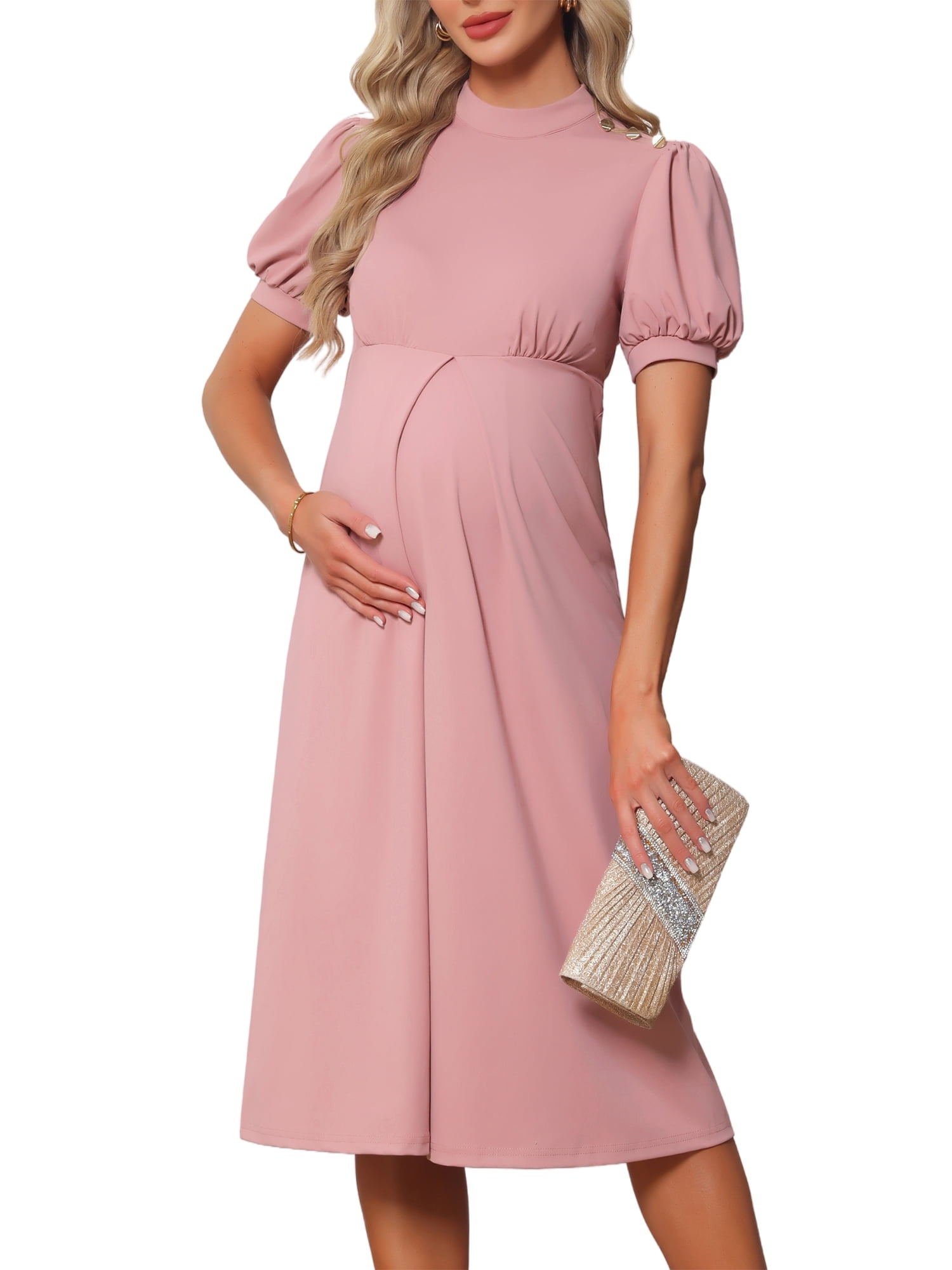 DARING DIVA Women's Maternity Mock Neck Puff Sleeve A-Line Work Dress S Pink