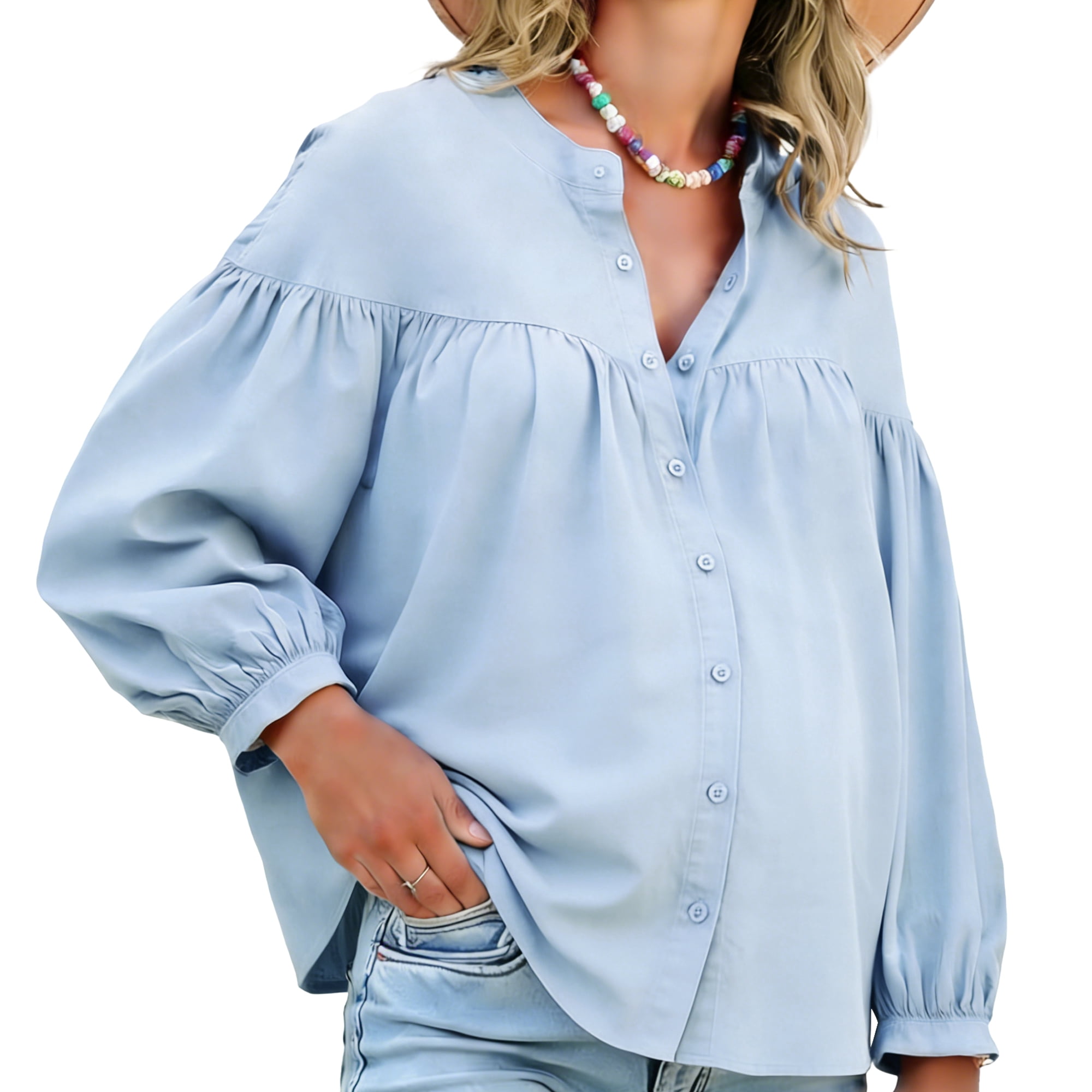 DARING DIVA Women's Maternity Nursing Button Down Business Pleated Tops L Blue