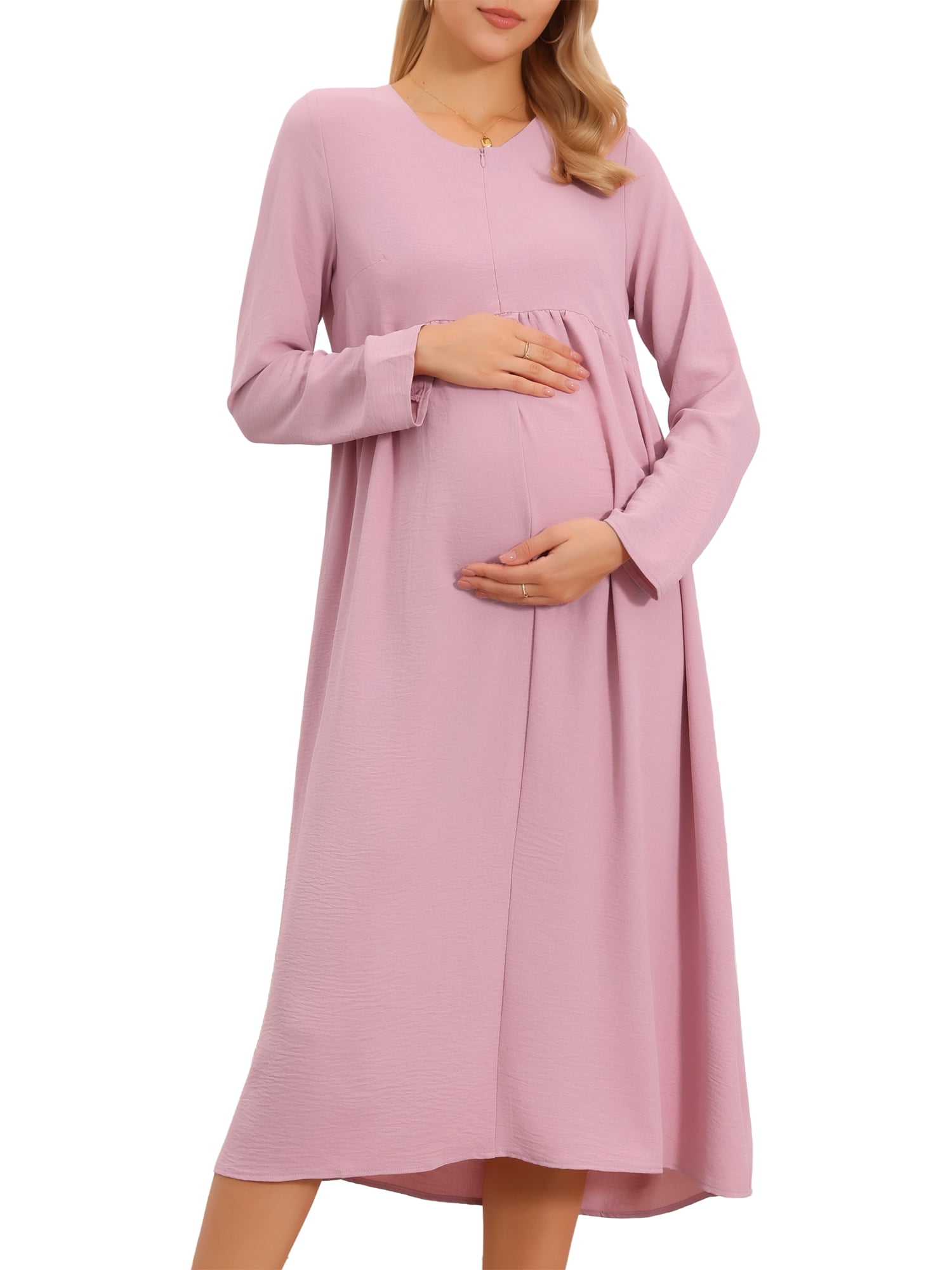 DARING DIVA Women's Maternity Nursing Dress Long Sleeve Midi Round Neck Pleated L Pink