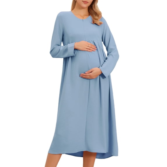 DARING DIVA Women's Maternity Nursing Dress Long Sleeve Midi Round Neck Pleated M Blue