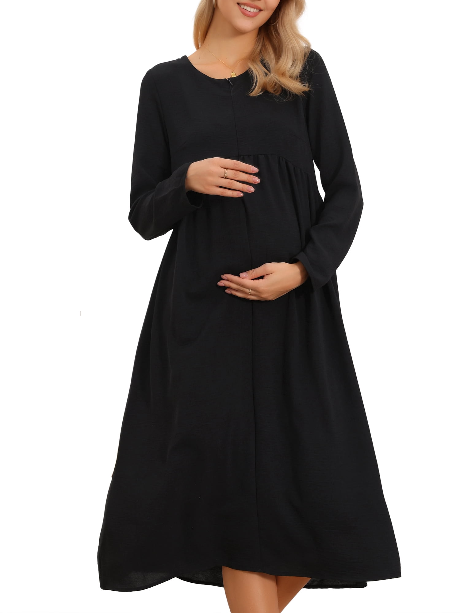 DARING DIVA Women's Maternity Nursing Dress Long Sleeve Midi Round Neck Pleated S Black