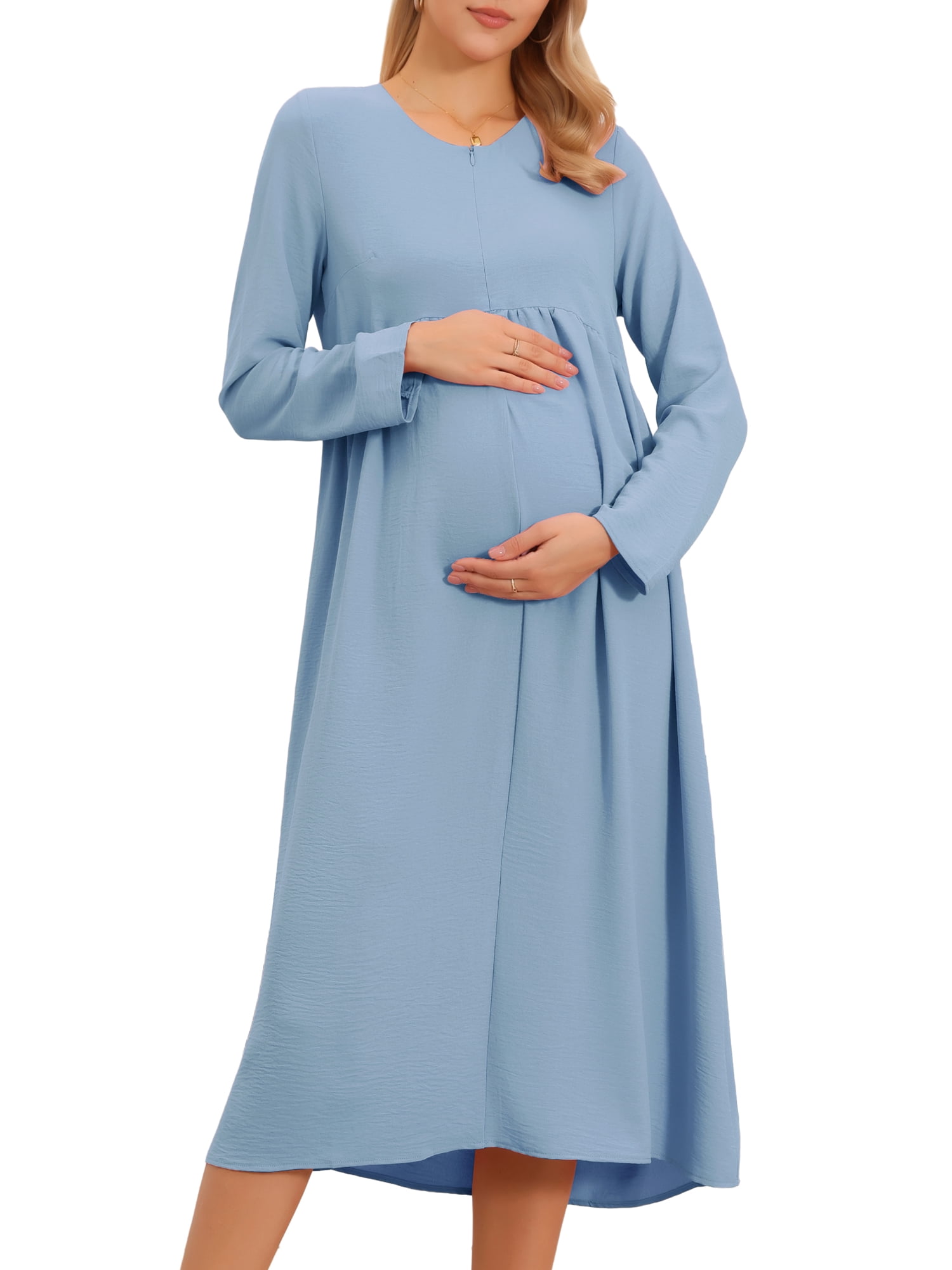 DARING DIVA Women's Maternity Nursing Dress Long Sleeve Midi Round Neck Pleated S Blue