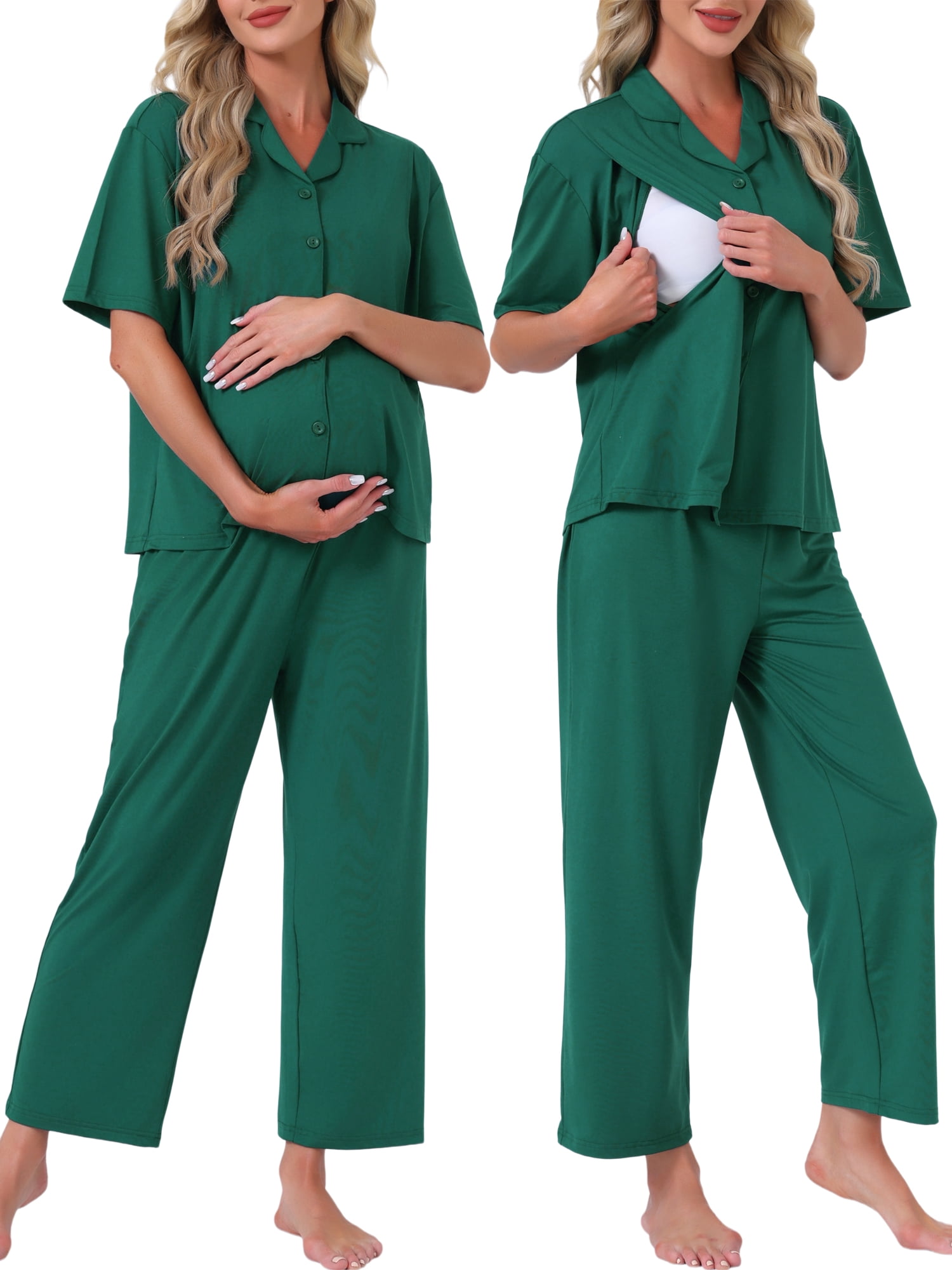 DARING DIVA Women's Maternity Nursing Pajama Sets Breastfeeding Button Down L Deep Green