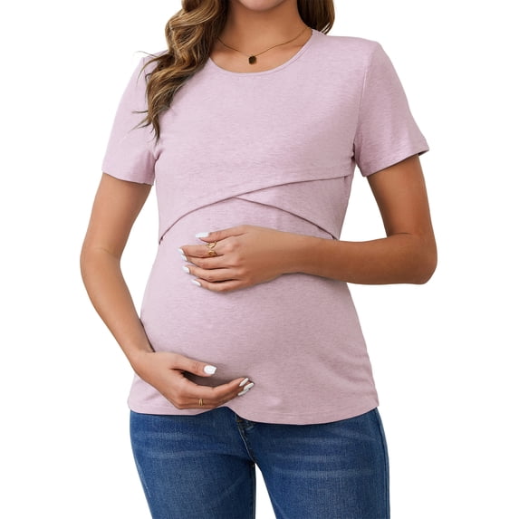 DARING DIVA Women's Maternity Nursing Shirt Double Layer Pregnancy Clothes XL Pink Gray