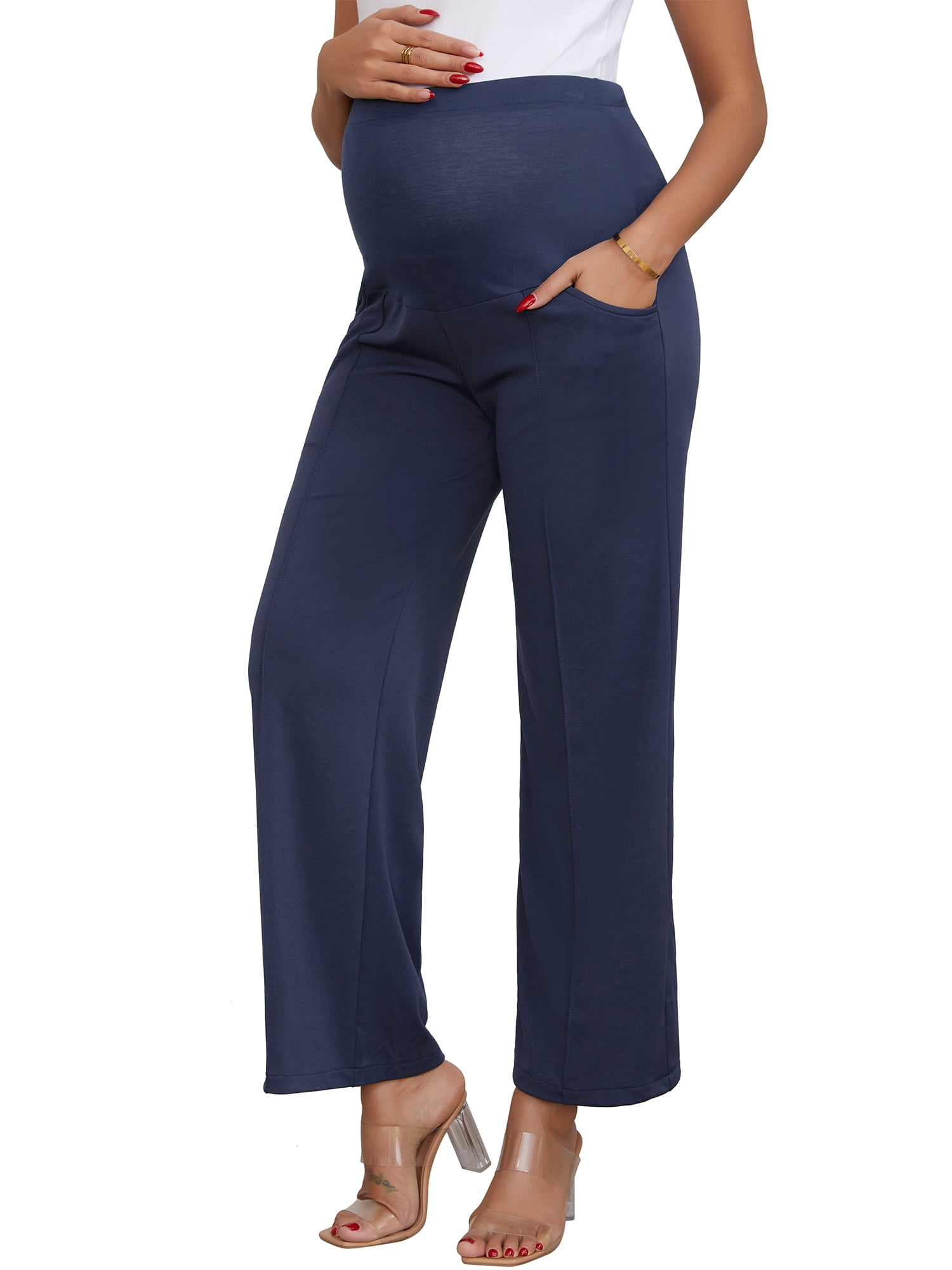 DARING DIVA Women's Maternity Over Belly Pregnancy  Business Casual Pants M Deep Blue