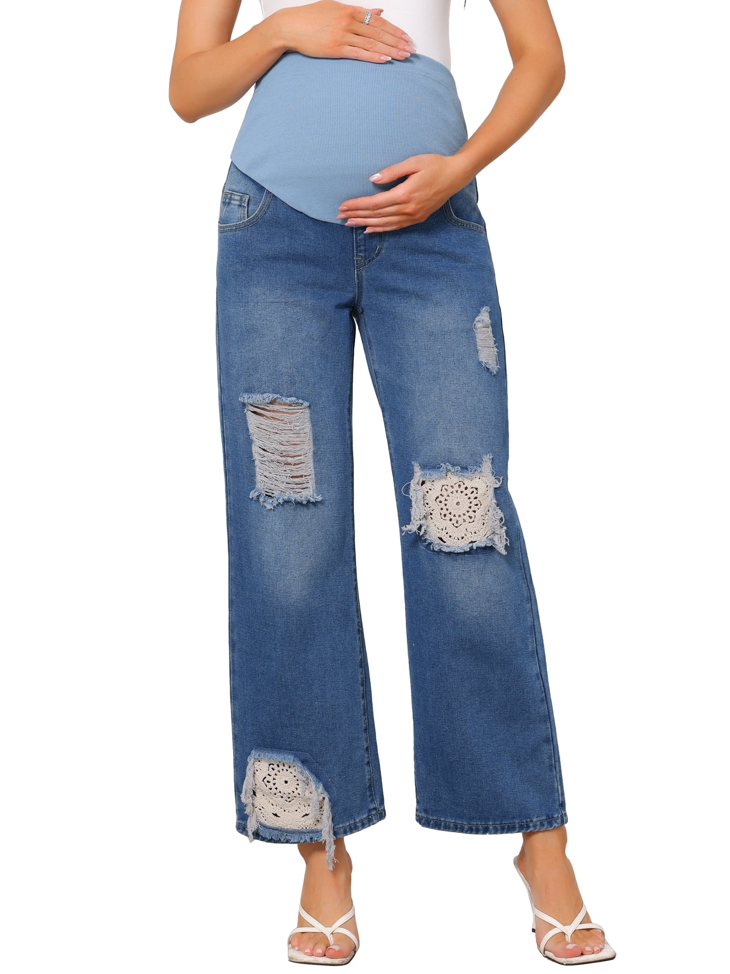 DARING DIVA Women's Maternity Over-the-Belly Ripped Distressed Jeans 2XL Blue