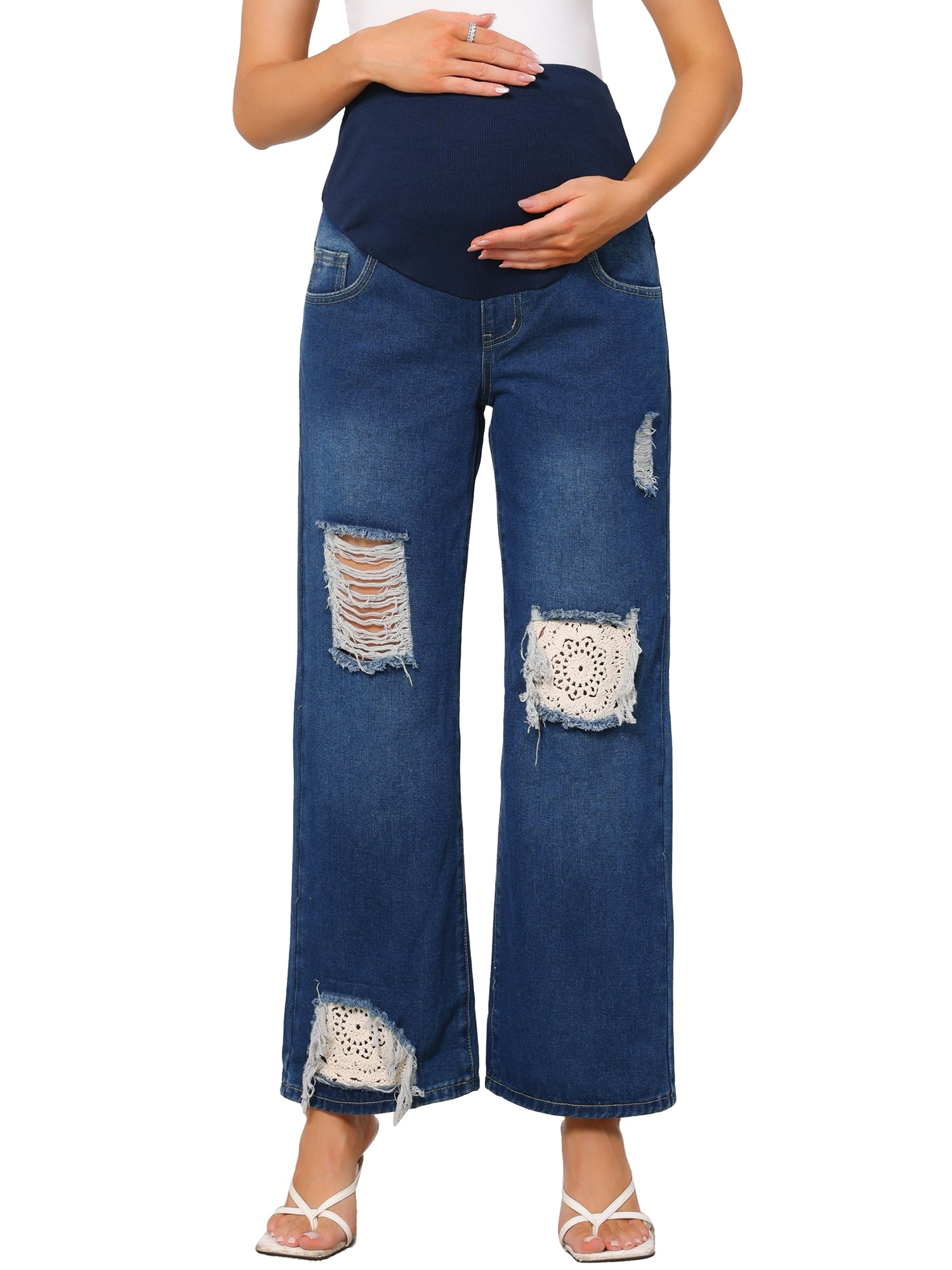DARING DIVA Women's Maternity Over-the-Belly Ripped Distressed Jeans L Dark Blue