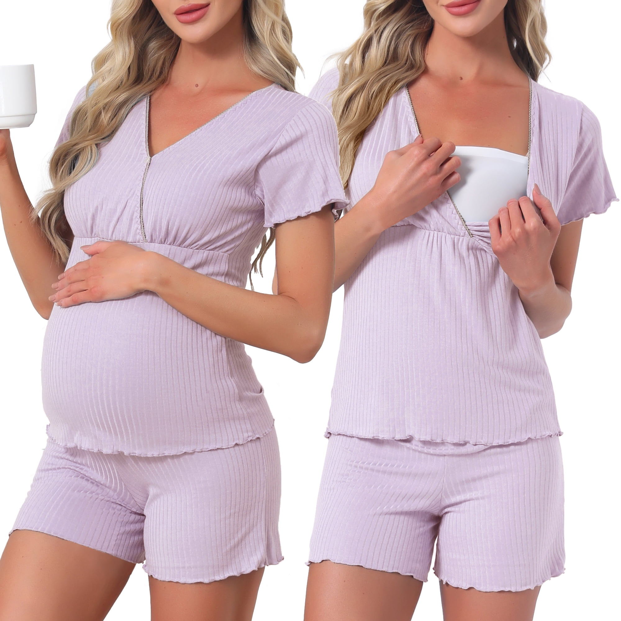 DARING DIVA Women's Nursing Modal Short Sleeves Postpartum Pajama Sets M Purple