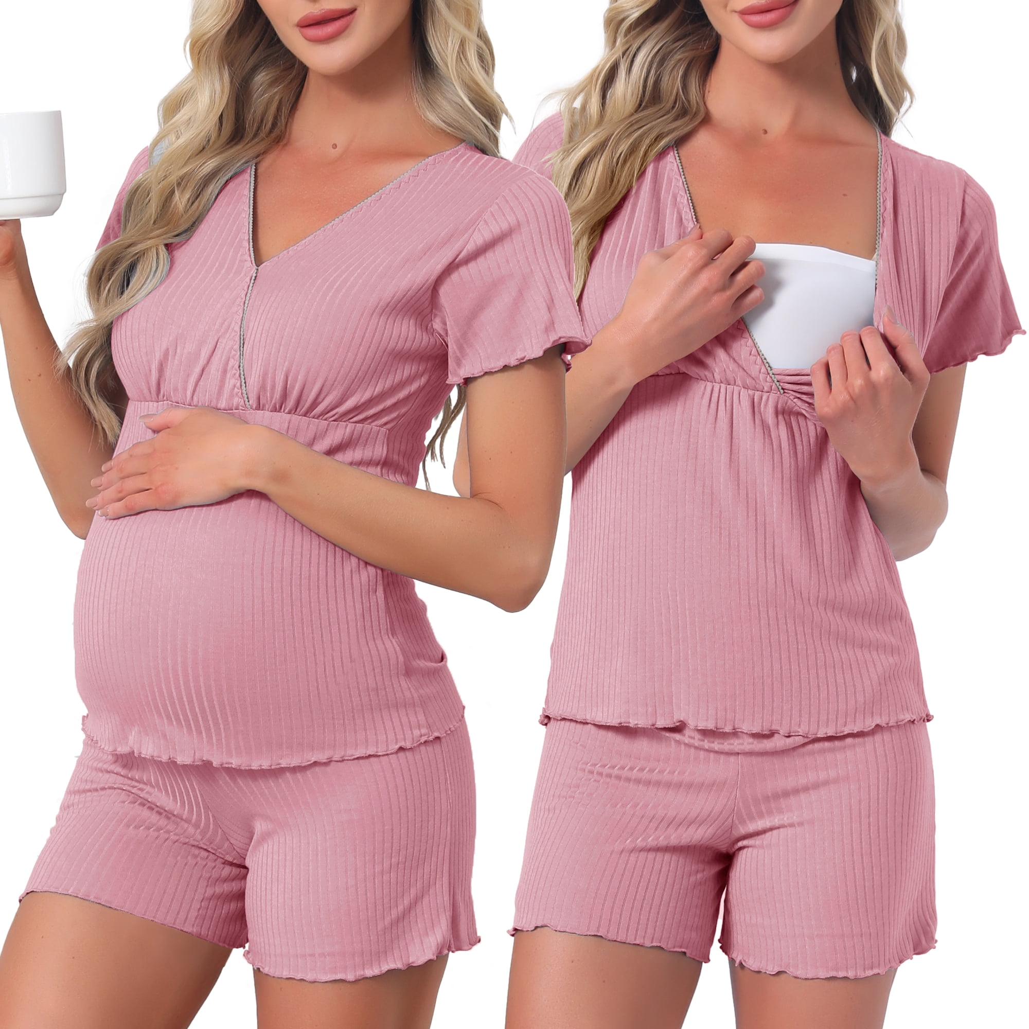 DARING DIVA Women's Nursing Modal Short Sleeves Postpartum Pajama Sets S Pink