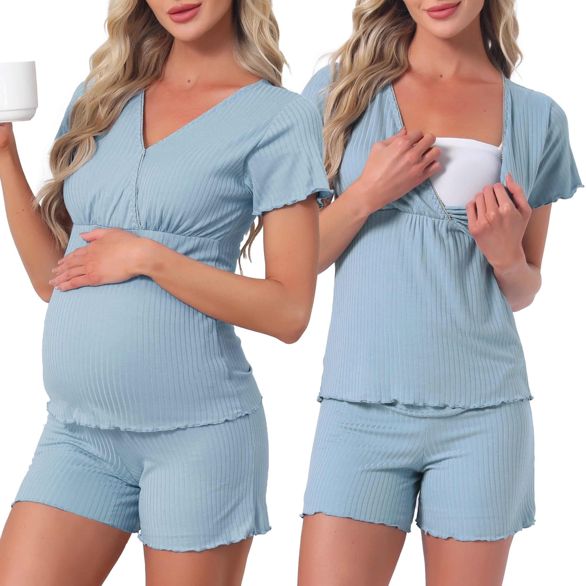 DARING DIVA Women's Nursing Modal Short Sleeves Postpartum Pajama Sets XL Blue