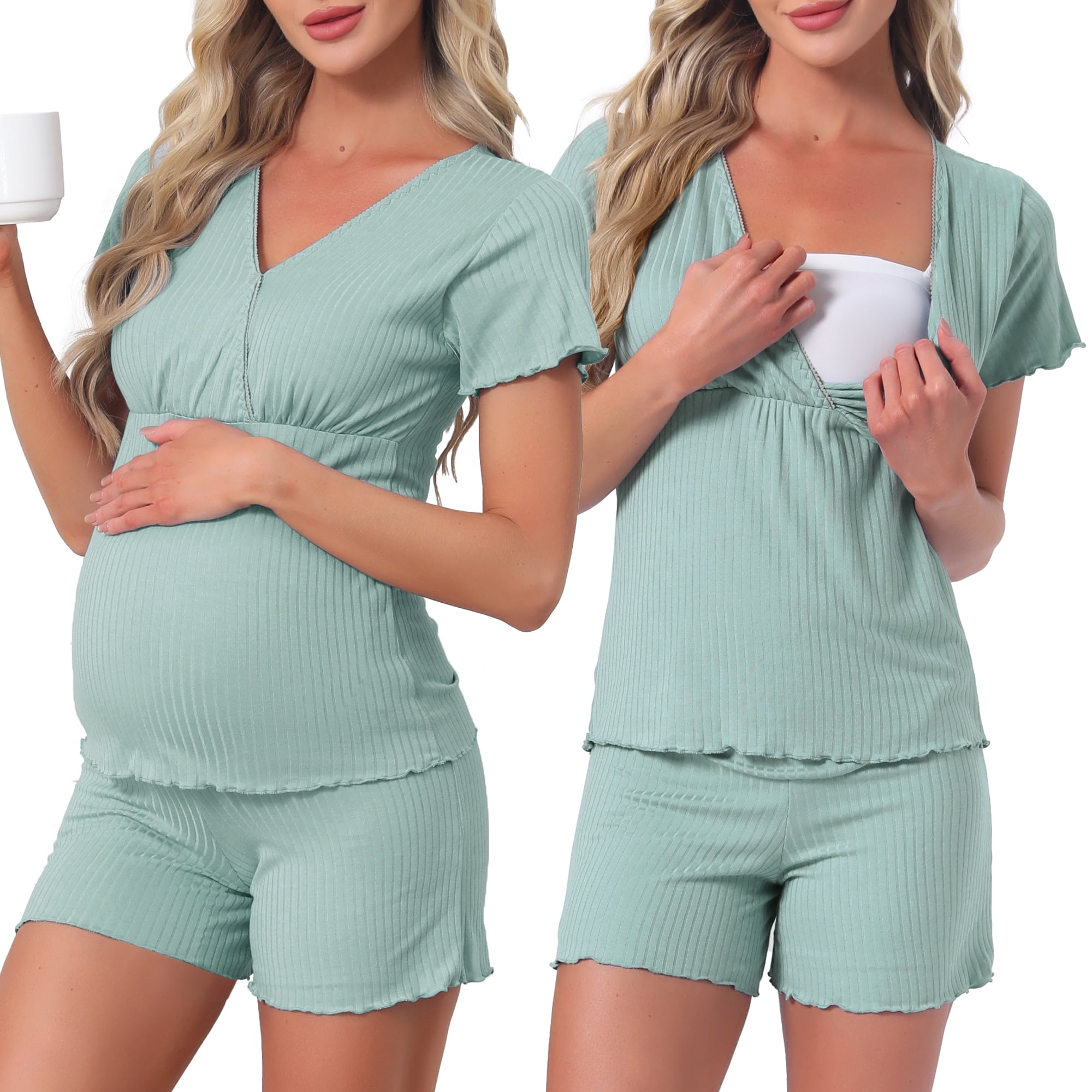 DARING DIVA Women's Nursing Modal Short Sleeves Postpartum Pajama Sets XS Green