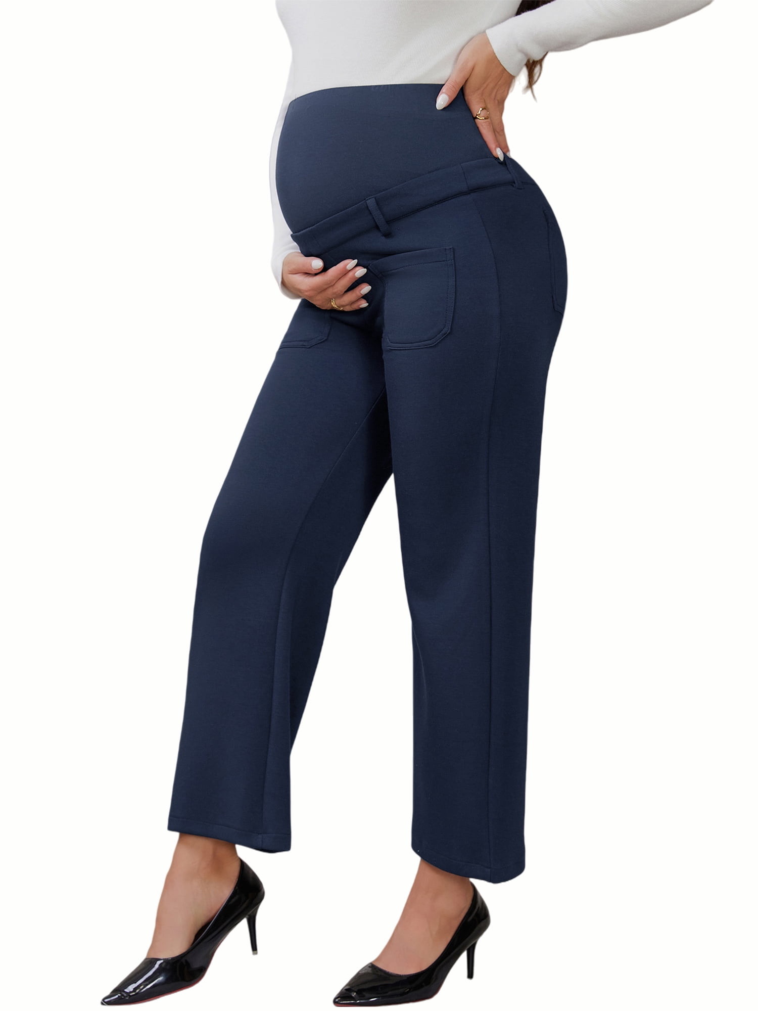 DARING DIVA Women's Maternity Pants Straight Leg Over the Belly Office Trousers 2XL Blue