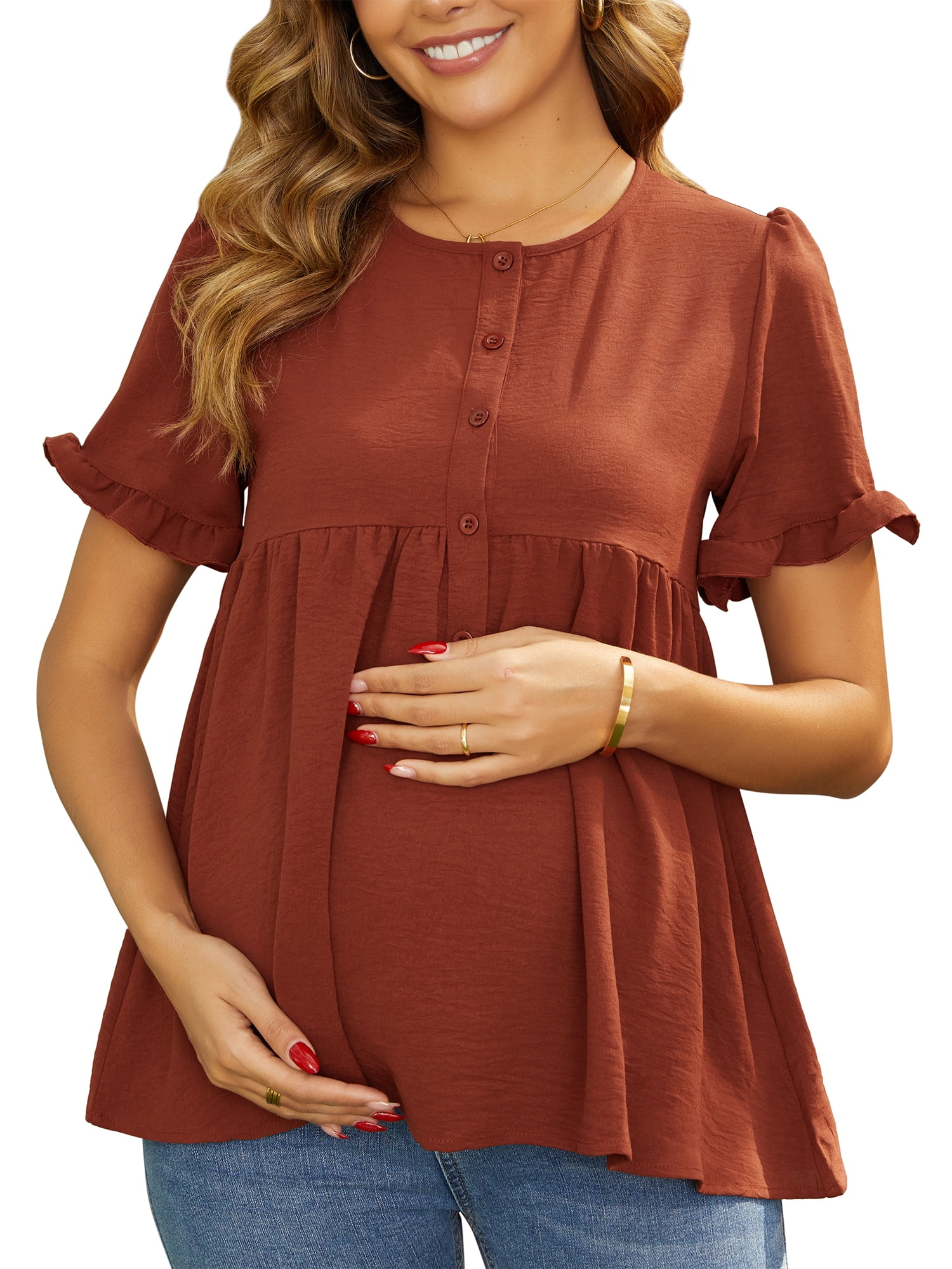 DARING DIVA Women's Maternity Ruffle Short Sleeve Button Up Blouse L Brown