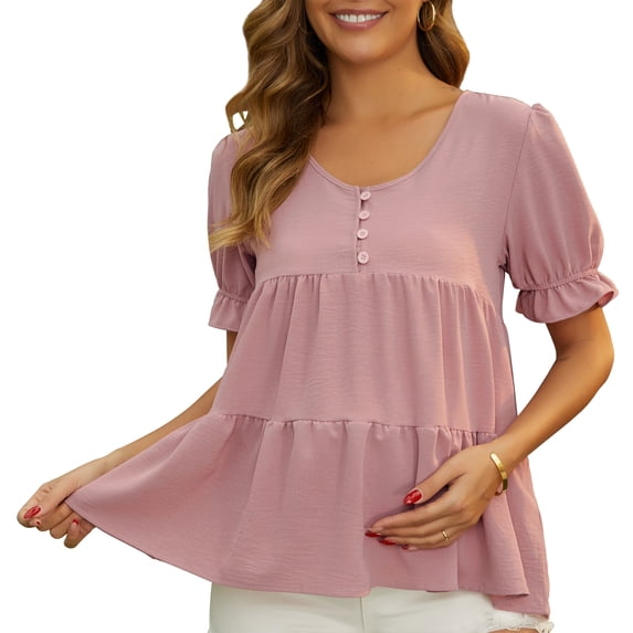 DARING DIVA Women's Maternity Ruffle Short Sleeve Casual Tiered Shirt S Pink