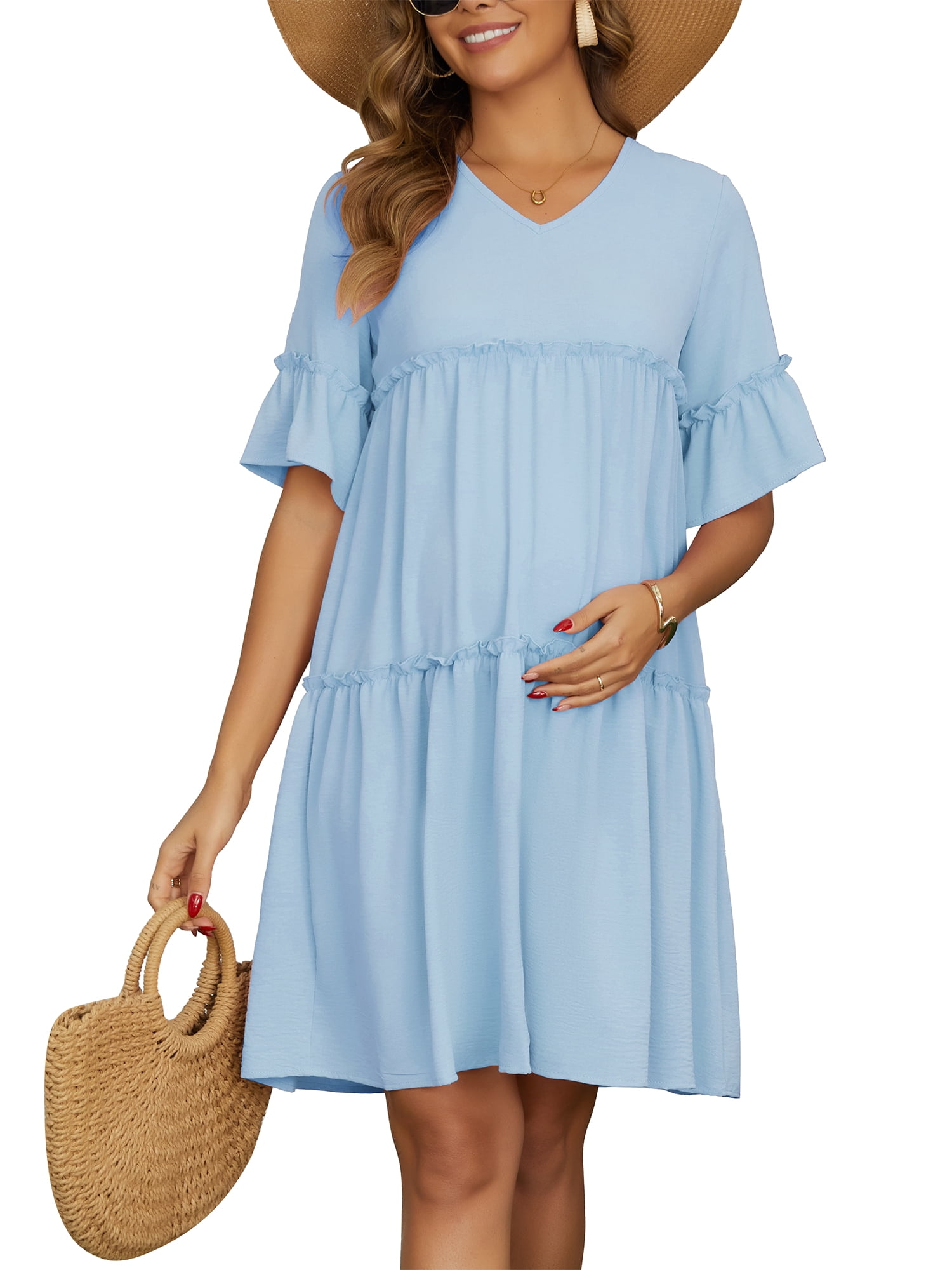 DARING DIVA Women's Maternity Ruffled Short Sleeve Tiered Fit Babydoll Dress M Blue