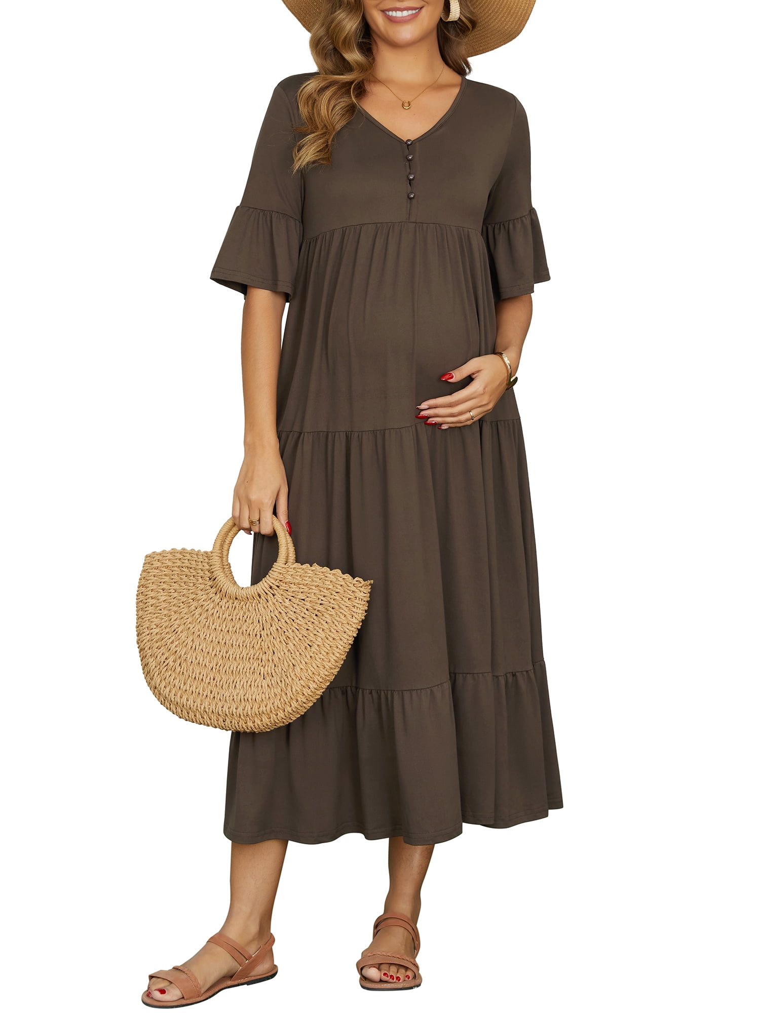 DARING DIVA Women's Maternity Short Sleeves Ruffled Sleeve Maxi Dress 2XL Coffee