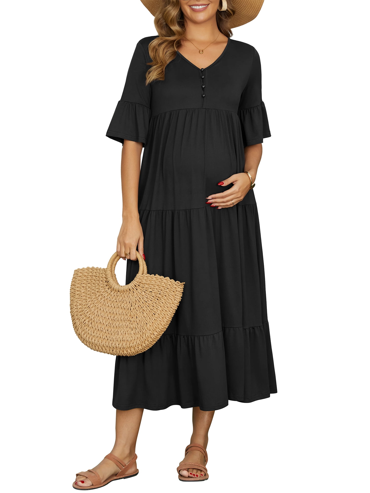 DARING DIVA Women's Maternity Short Sleeves Ruffled Sleeve Maxi Dress L Black