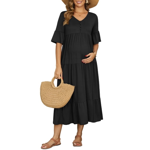 DARING DIVA Women's Maternity Short Sleeves Ruffled Sleeve Maxi Dress S Black