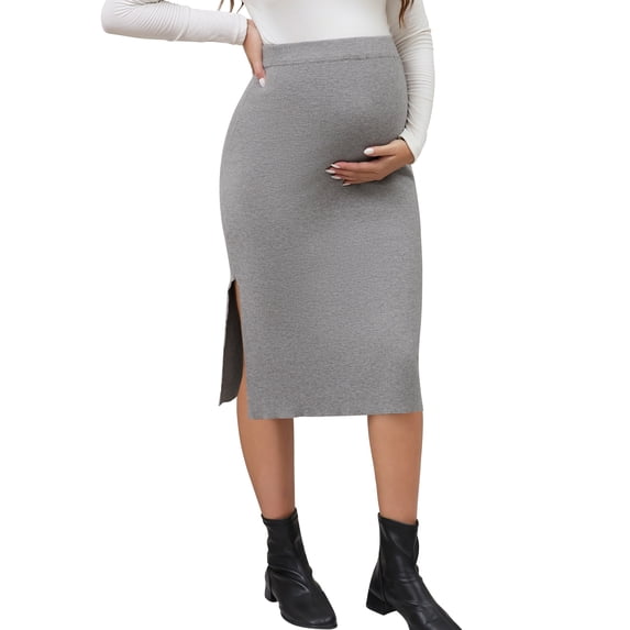 DARING DIVA Women's Maternity Skirt Ribbed Stretchy Elastic Waist Over Belly M Gray